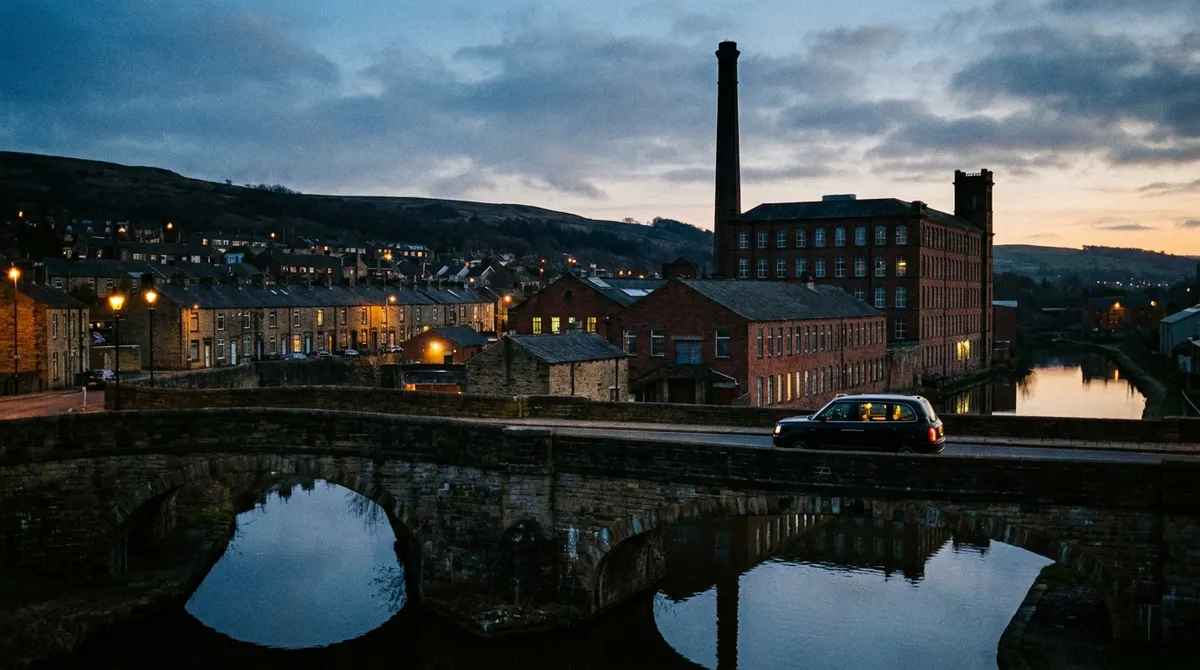 Burnley mill chimney and canal at dusk in the Weavers Triangle