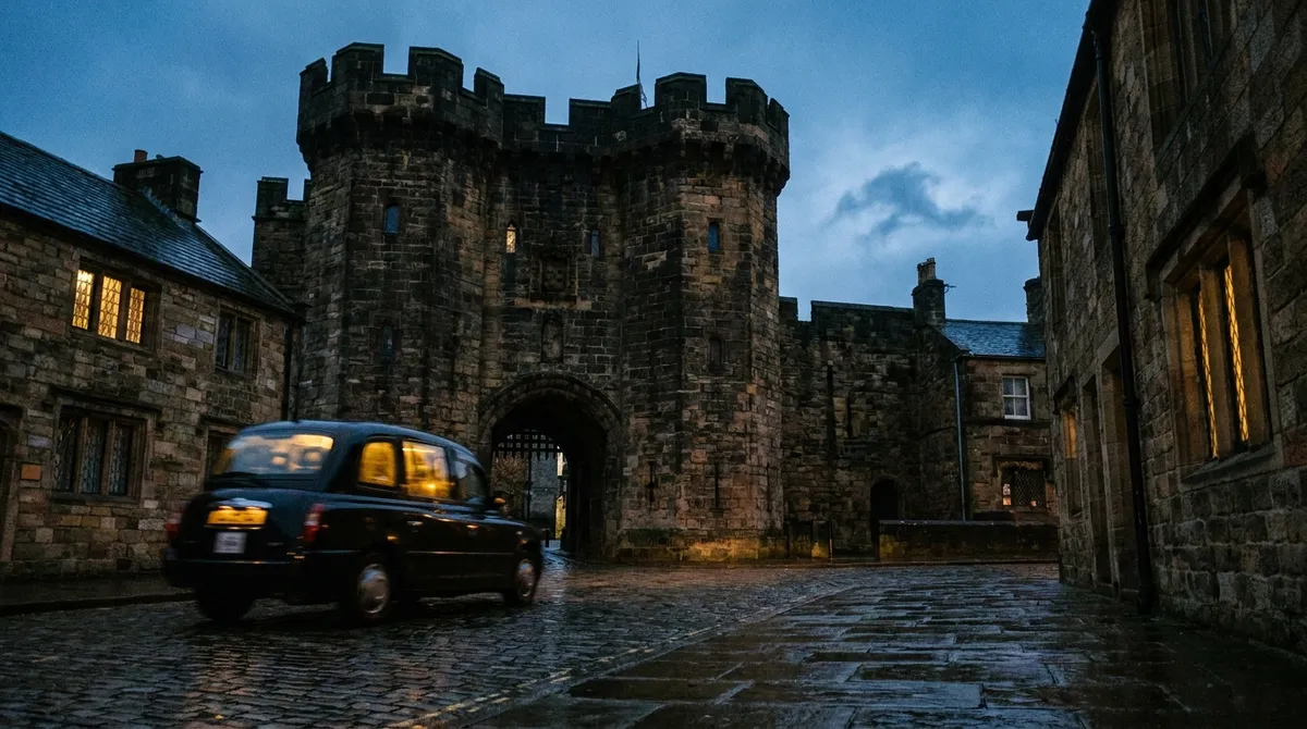 Lancaster Castle gatehouse at dusk with a taxi passing on the cobbles