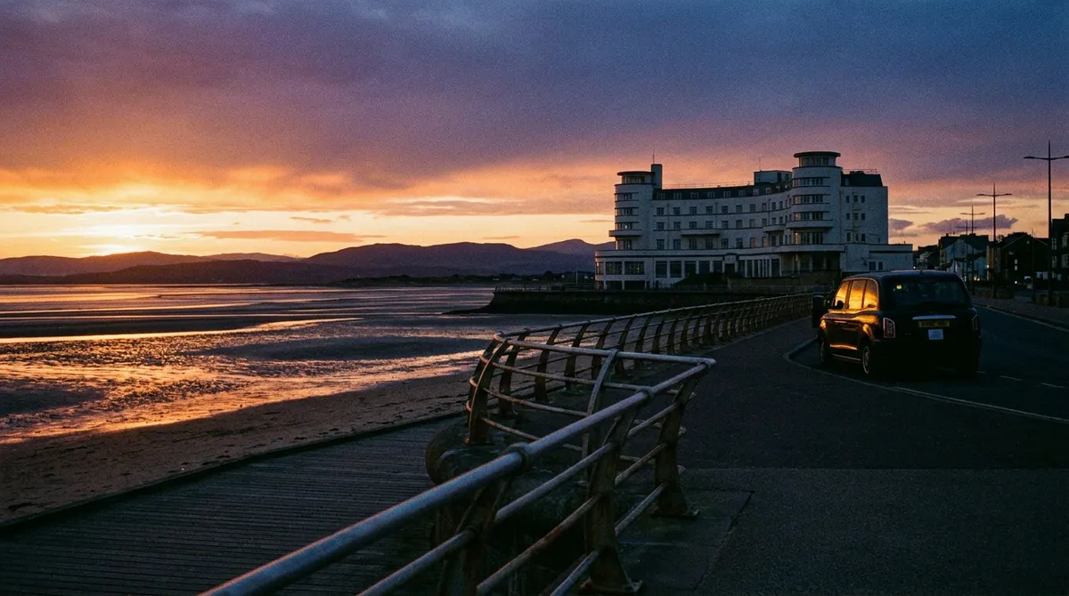 Morecambe promenade at sunset with the bay at low tide