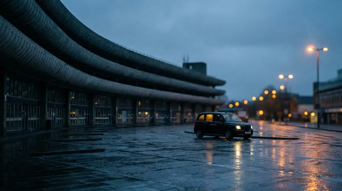 Preston Bus Station at dusk with a taxi waiting